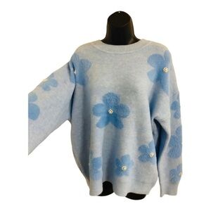 Nanette Lepore blue fuzzy pearl &‎ floral patch stretch long sleeve sweater